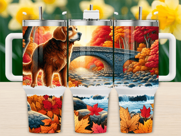 Autumn Dog Sunset Lake Tumbler Wrap Graphics