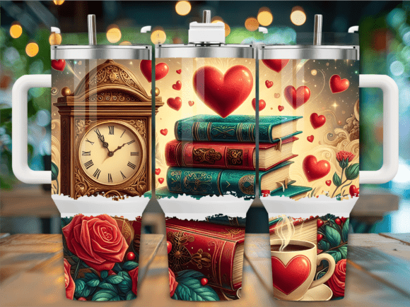 Clock Books Red Hearts 40oz Tumbler Graphics for Tumbler Wraps