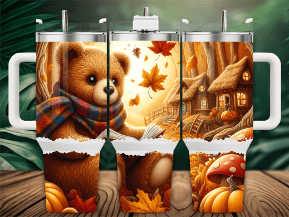 Cute Cozy Autumn Bear 40oz Tumbler Wrap Graphics