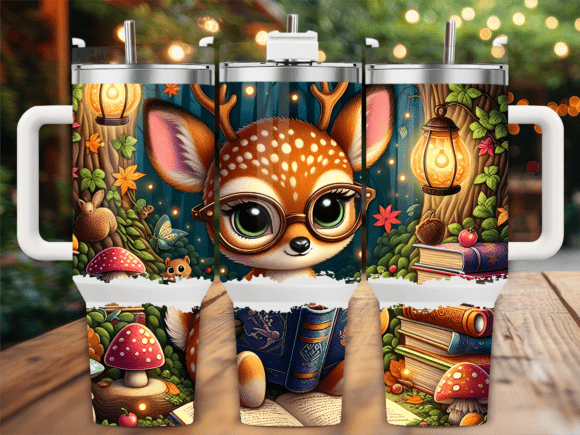 Cute Forest Deer Reading 40oz Tumbler Graphics for Tumbler Wraps