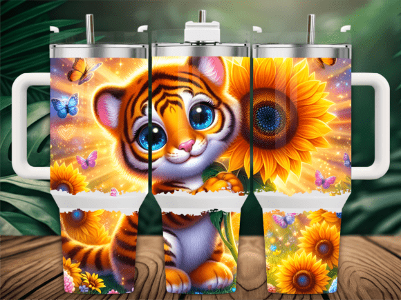 Cute Tiger with Sunflowers Tumbler Wrap Graphics