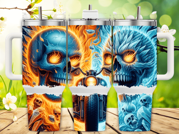 Fire Vs Ice Skull Battle 40oz Tumbler Graphics for Tumbler Wraps