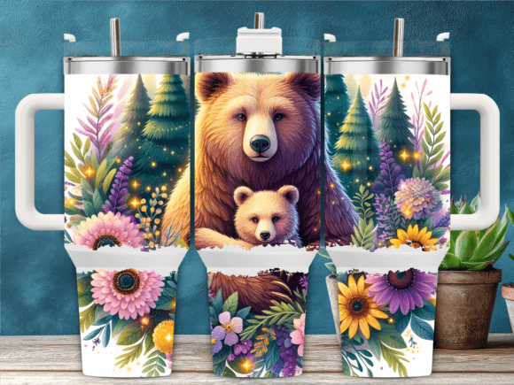 Floral Mama Bear with Cub 40oz Tumbler Graphics for Tumbler Wraps