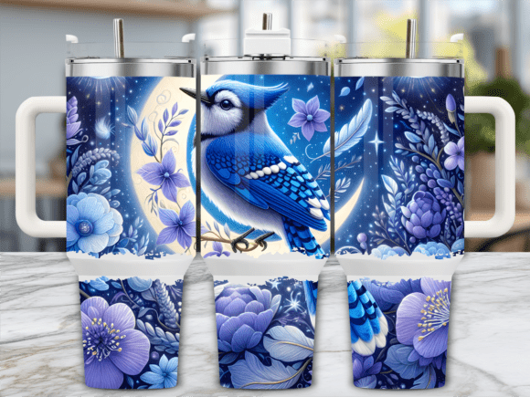 Moonlit Blue Jay Floral Sky Tumbler Wrap Graphics
