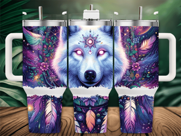 Mystical White Wolf Feather Tumbler Wrap Graphics