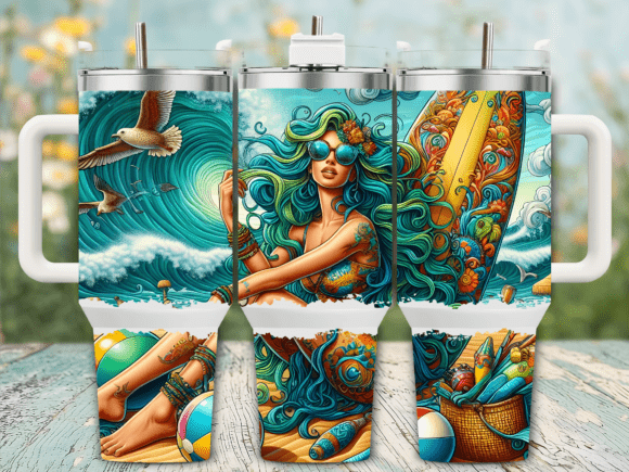 Ocean Wave Girl Summer Tumbler Wrap Graphics