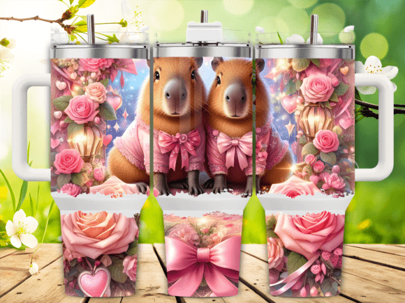 Romantic Capybara Pink Bow Tumbler Wrap Graphics