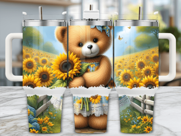 Sunflower Field Cute Bear 40oz Tumbler Graphics