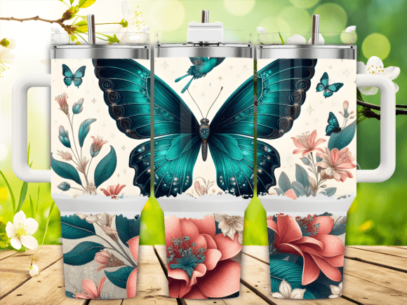 Teal Floral Butterfly 40oz Tumbler Wrap Graphics