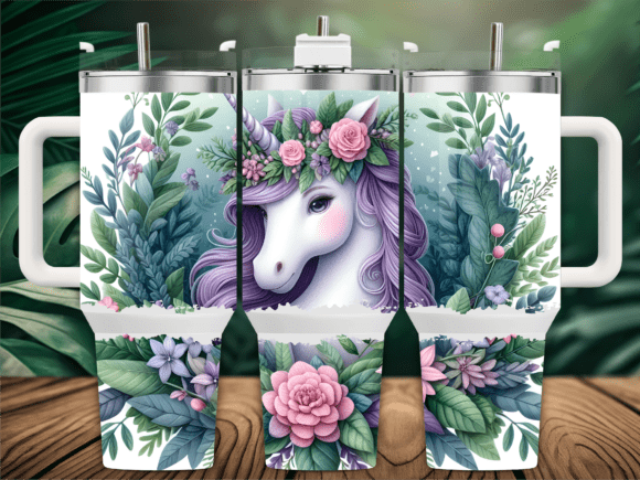 Unicorn with Floral Crown 40oz Tumbler Graphics for Tumbler Wraps