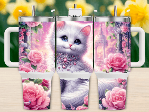 White Persian Cat Floral 40oz Tumbler Graphics for Tumbler Wraps
