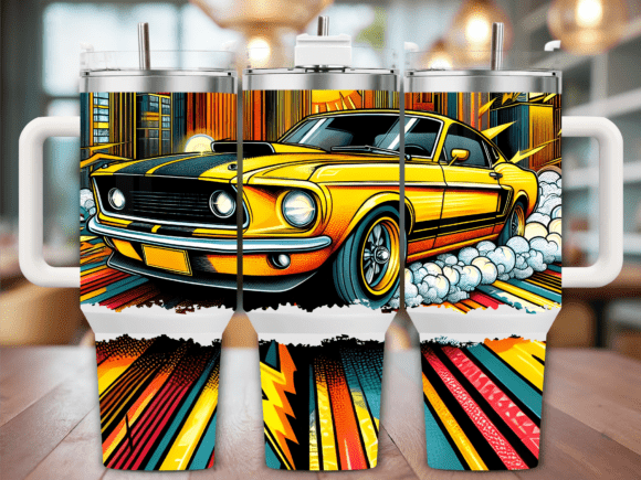 Yellow Muscle Car Power 40oz Tumbler Graphics for Tumbler Wraps